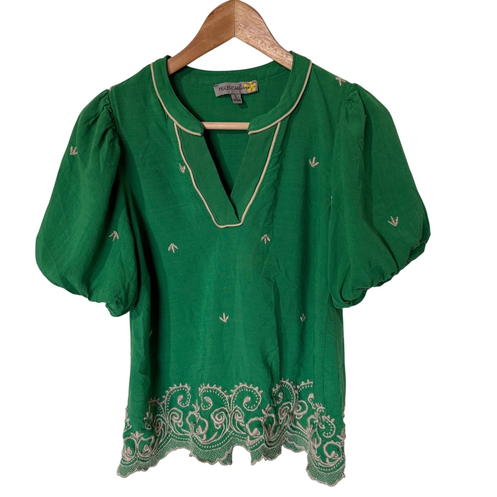 Figueroa & Flower Blouse Women Small Green Exc. Embroidered Puff Sleeve Boho